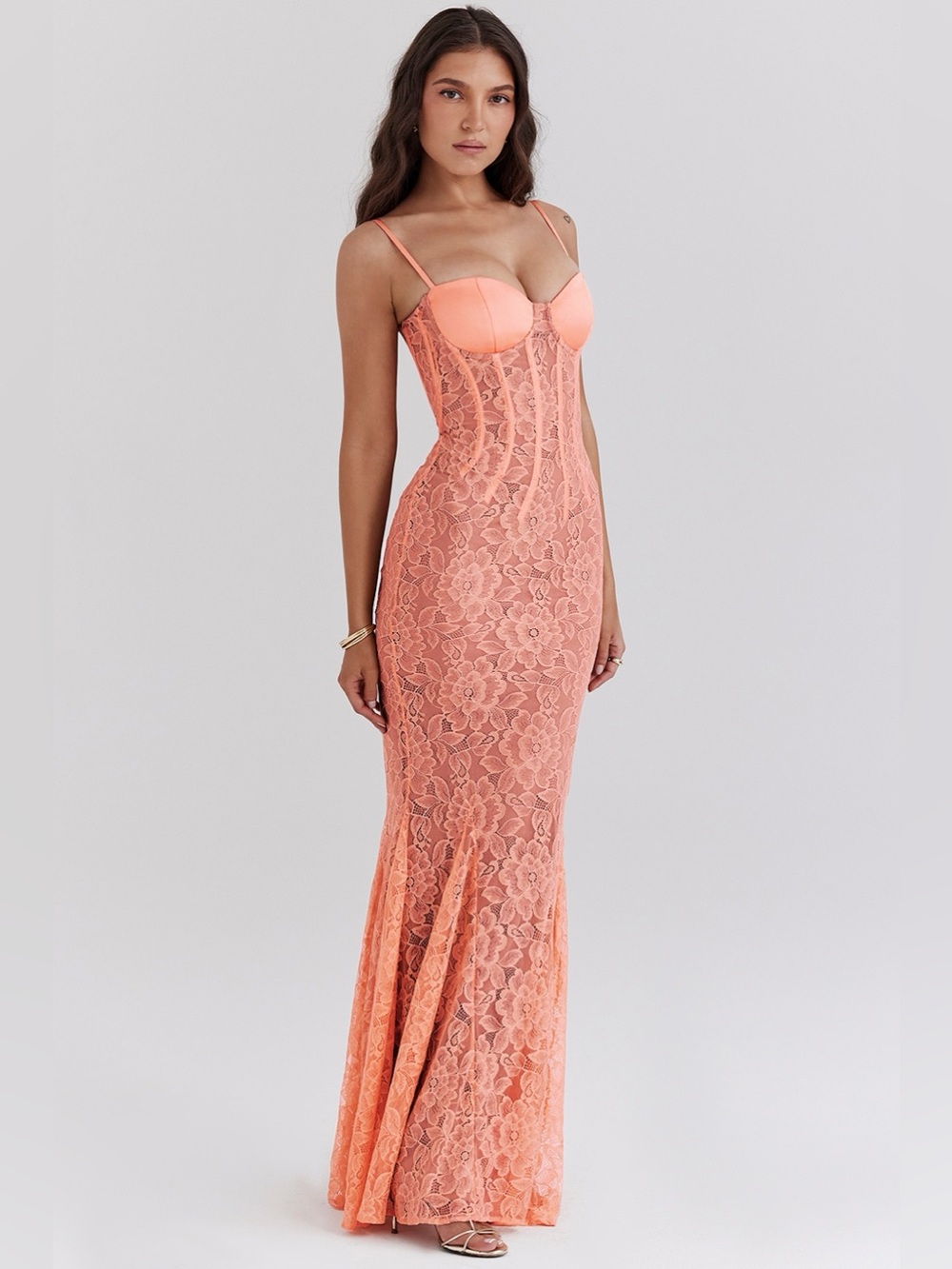House of CB Cordelia Sorbet Lace Godet Maxi Dress - Picture 2 of 12